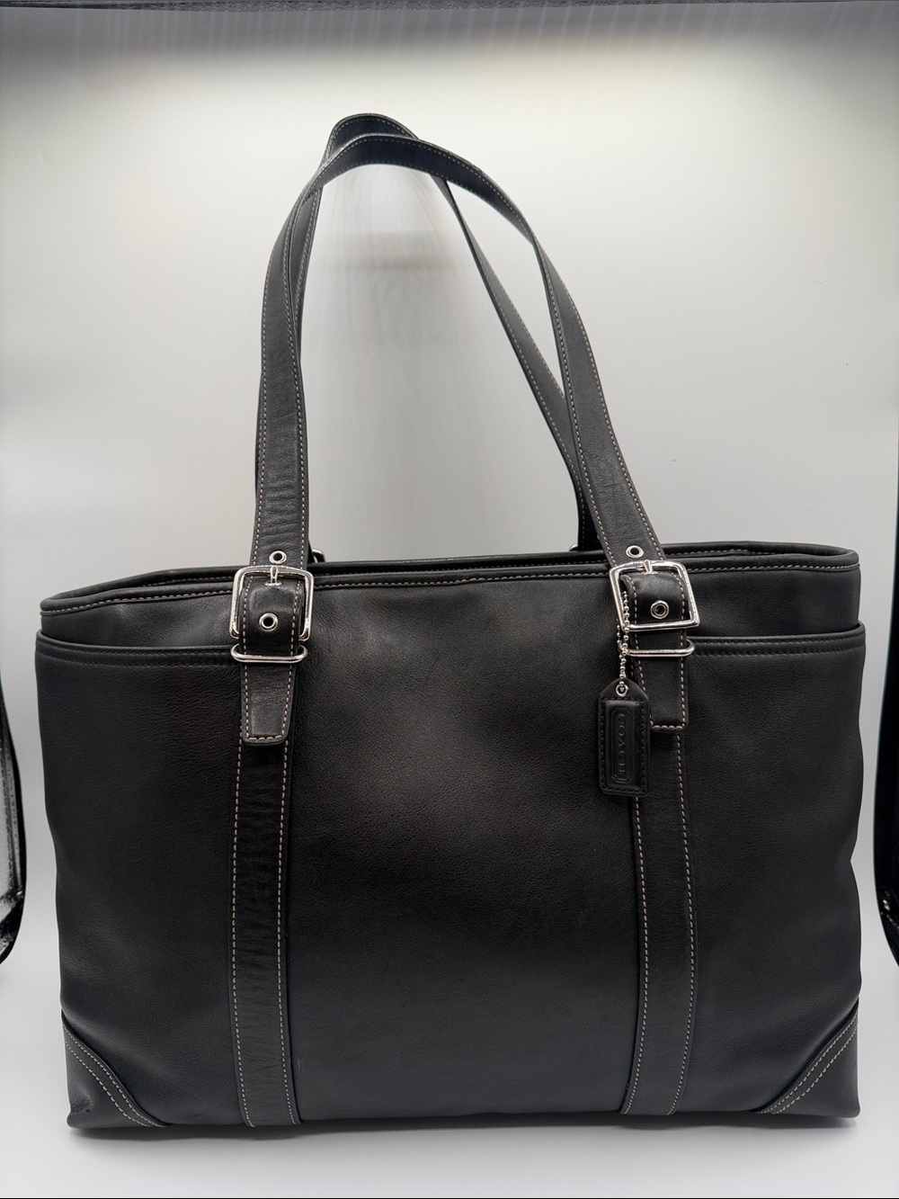 Vintage Coach Hampton Black Leather Diaper Bag Buckle-Strap Tote